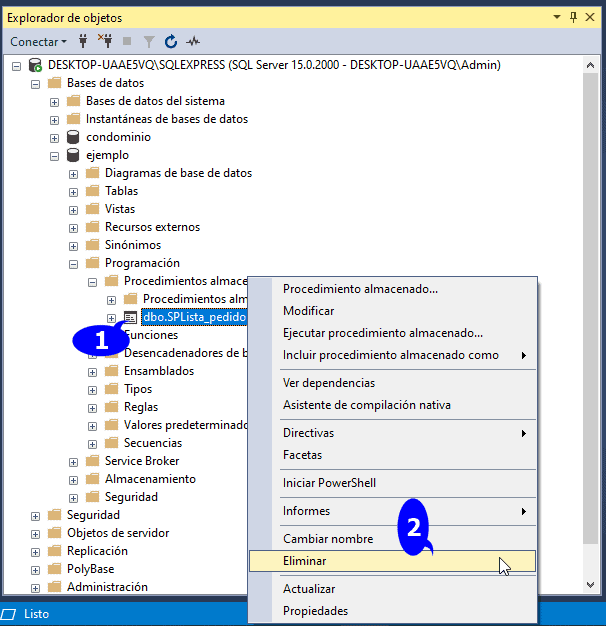 eliminar procedimientos almacenados sql