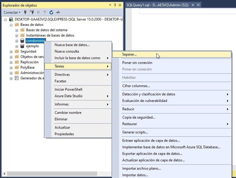 separar base de datos sql server
