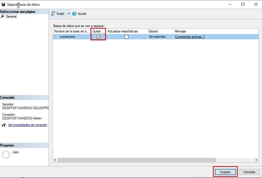 separar base de datos sql server
